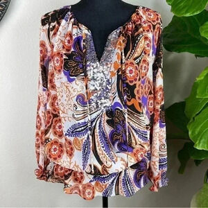 Sunny Leigh Women’s Boho Floral Paisley Blouse Top Orange Sequin Size Medium